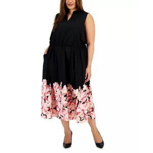 Anne Klein Womens Plus Size 3X Black Jenna Floral Hem Elastic-Waist Midi Dress
